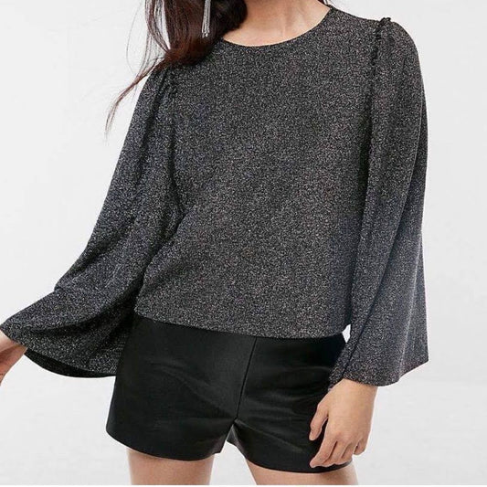 Express Sparkling Silver Metallic Bell Puff Sleeve Blouse Top Size Medium