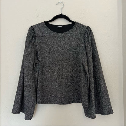 Express Sparkling Silver Metallic Bell Puff Sleeve Blouse Top Size Medium
