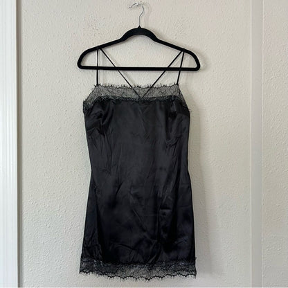 Meshki Satin Lace Trim Black Slip Mini Dress NEW Size Large