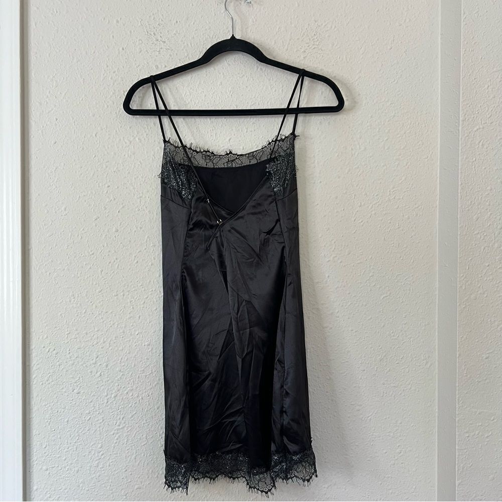 Meshki Satin Lace Trim Black Slip Mini Dress NEW Size Large