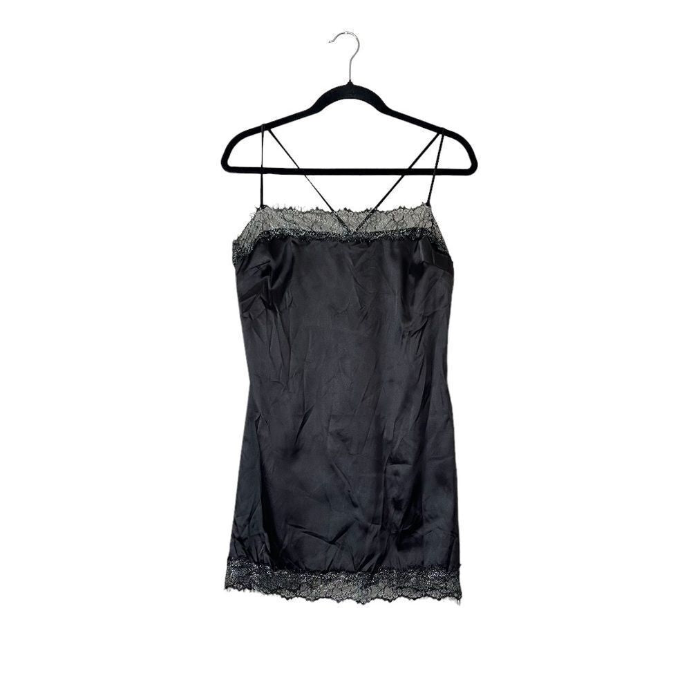 Meshki Satin Lace Trim Black Slip Mini Dress NEW Size Large