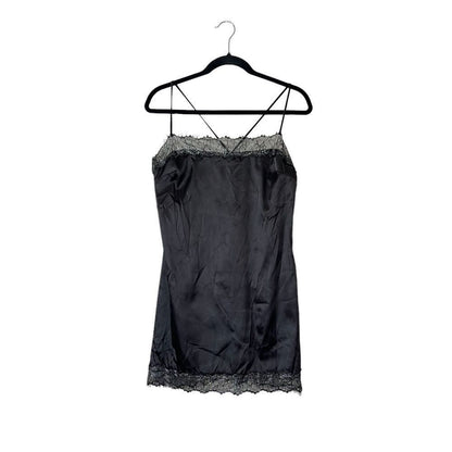 Meshki Satin Lace Trim Black Slip Mini Dress NEW Size Large