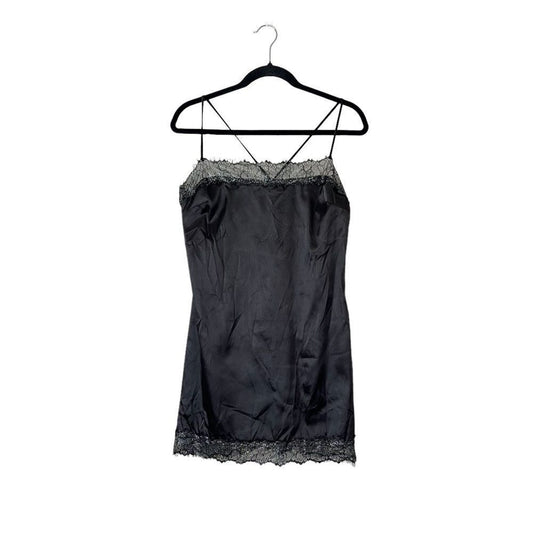 Meshki Satin Lace Trim Black Slip Mini Dress NEW Size Large