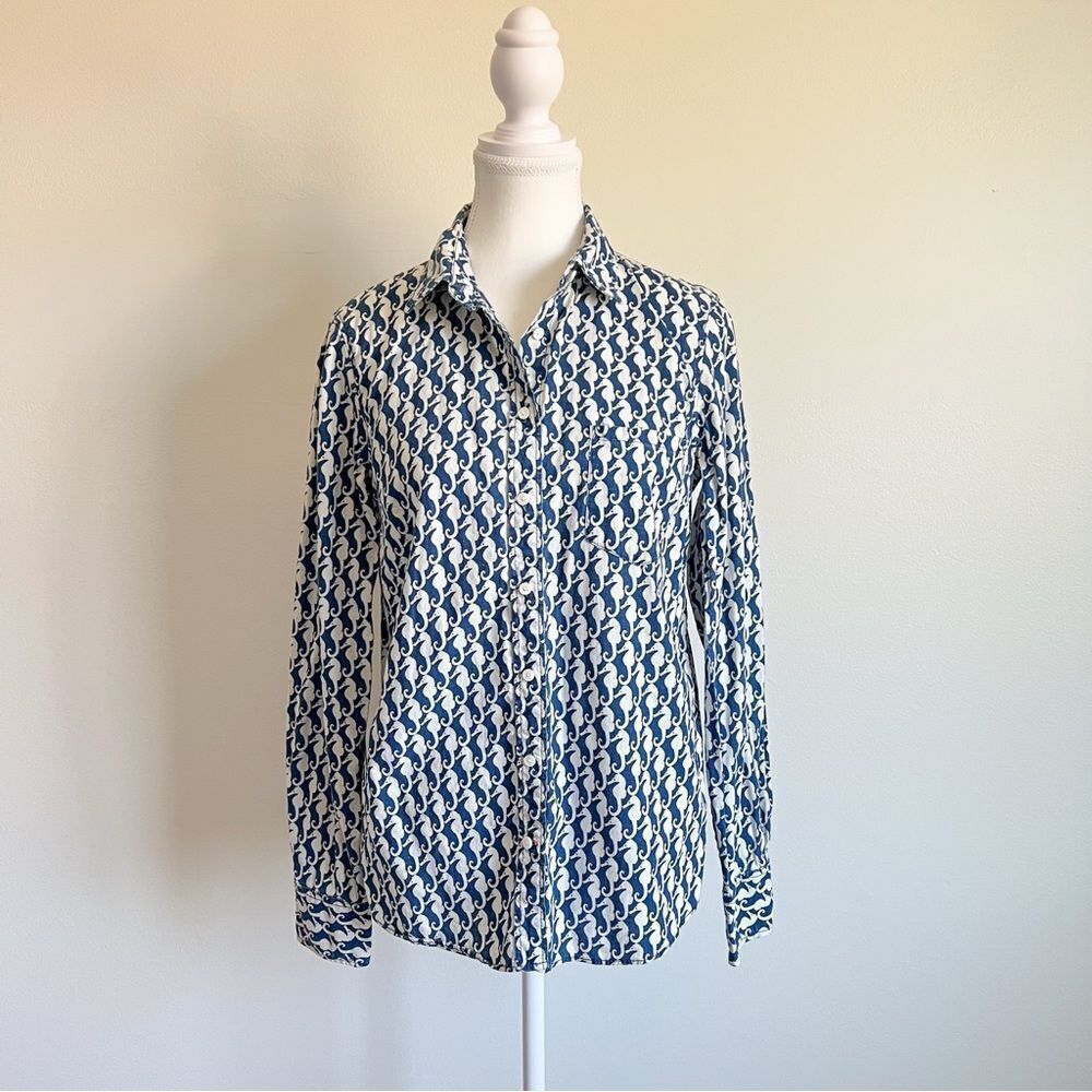 J. Crew Seahorse Linen Blend Button Down Boy Shirt Size 6 Nautical