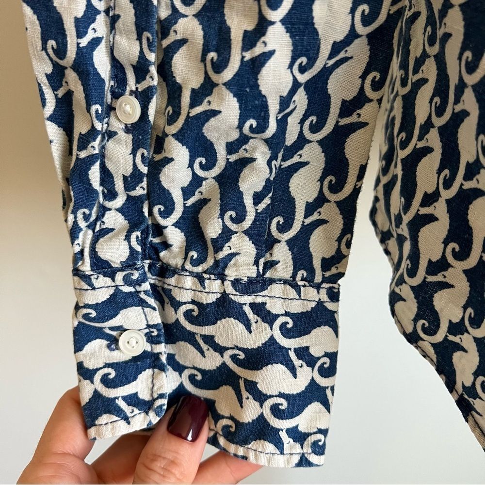 J. Crew Seahorse Linen Blend Button Down Boy Shirt Size 6 Nautical