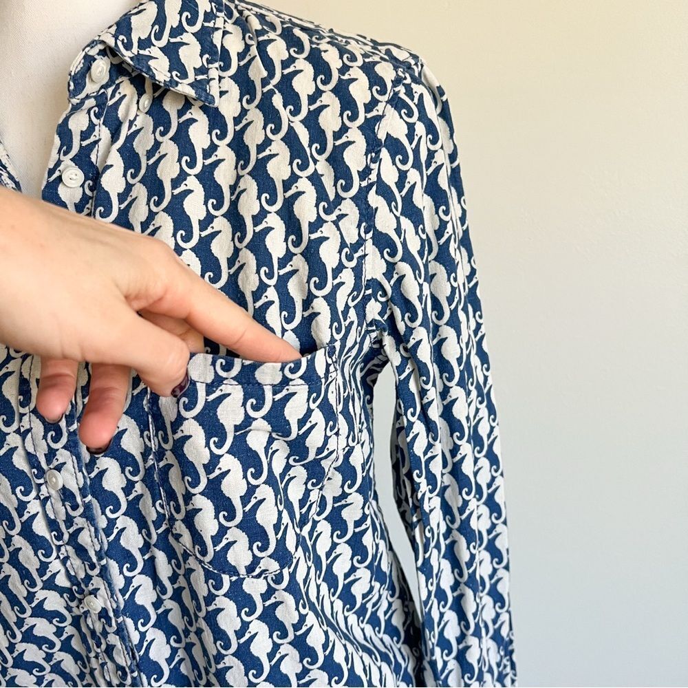 J. Crew Seahorse Linen Blend Button Down Boy Shirt Size 6 Nautical