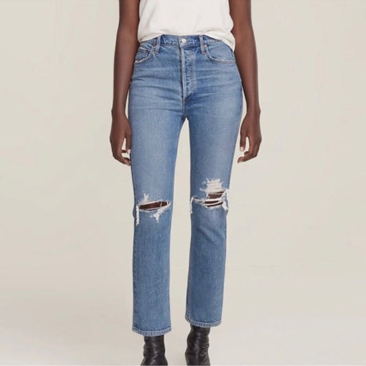 AGOLDE Riley High Rise Straight Crop Jeans Size 26 Medium Wash Distressed