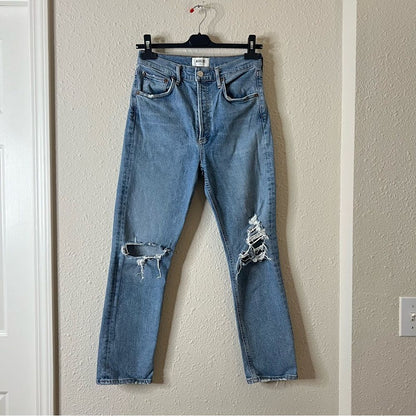 AGOLDE Riley High Rise Straight Crop Jeans Size 26 Medium Wash Distressed