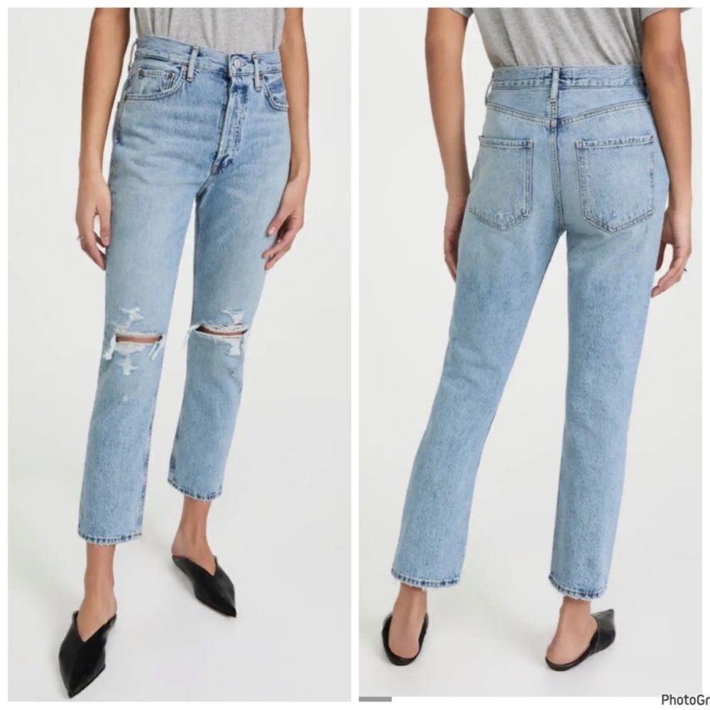 AGOLDE Riley High Rise Straight Crop Jeans Size 26 Medium Wash Distressed