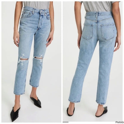 AGOLDE Riley High Rise Straight Crop Jeans Size 26 Medium Wash Distressed