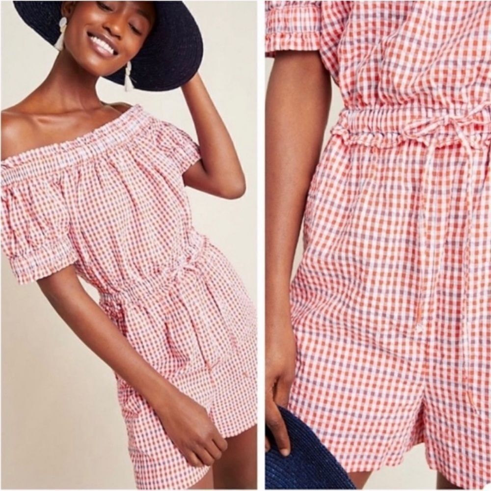 Anthropologie Gingham Off the Shoulder Seersucker Romper Size Medium