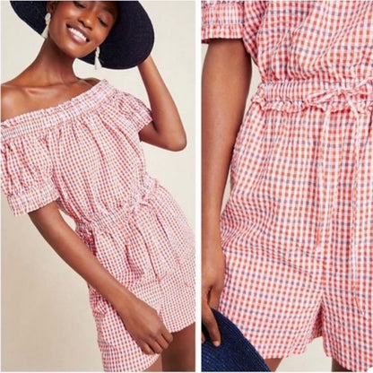 Anthropologie Gingham Off the Shoulder Seersucker Romper Size Medium