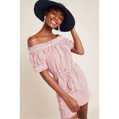 Anthropologie Gingham Off the Shoulder Seersucker Romper Size Medium