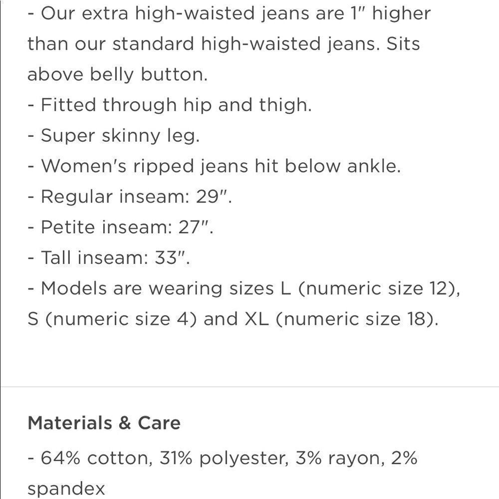Old Navy Women’s Extra High Waisted Stretch Super Skinny Ripped Jeans Size 6Tall