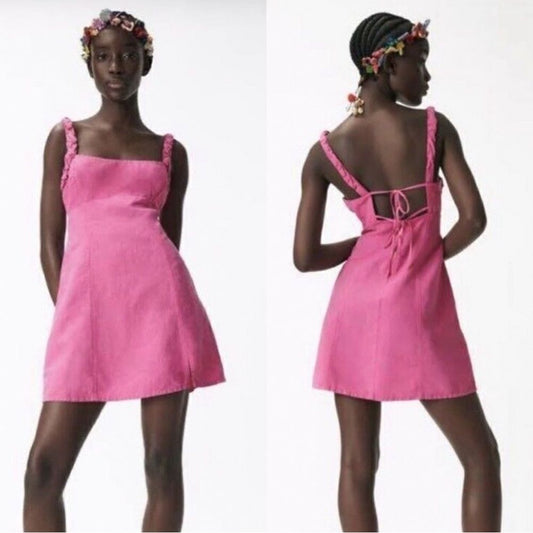 Zara Pink Linen Blend Mini Dress NEW Size Medium