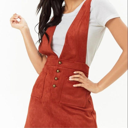 Faux Suede Pinafore Mini Dress in Rust Red Size Small