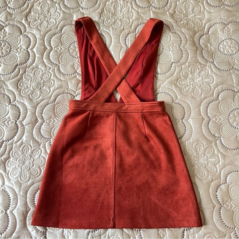 Faux Suede Pinafore Mini Dress in Rust Red Size Small