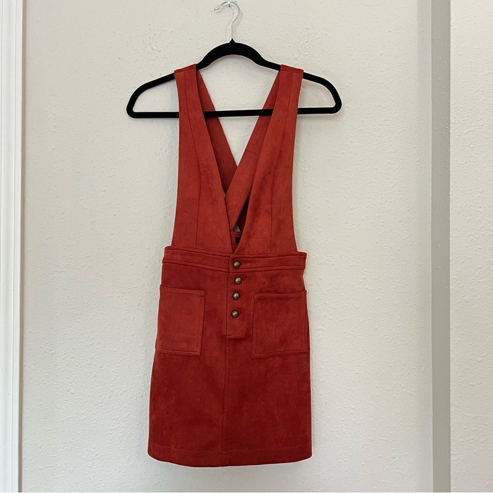Faux Suede Pinafore Mini Dress in Rust Red Size Small