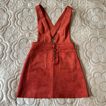 Faux Suede Pinafore Mini Dress in Rust Red Size Small
