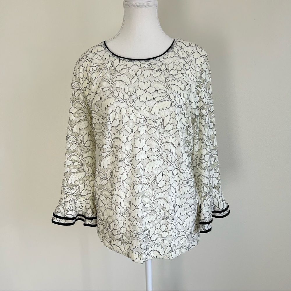 KARL LAGERFELD Paris Floral Lace Overlay Blouse Bell Sleeve NEW Size Medium