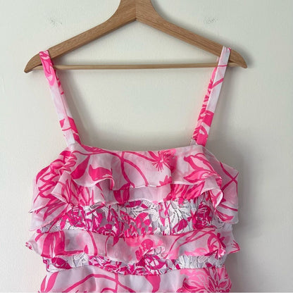 Lilly Pulitzer Olive Ruffle Tiered Top Size 8 Pink Floral Sleeveless