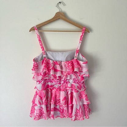 Lilly Pulitzer Olive Ruffle Tiered Top Size 8 Pink Floral Sleeveless