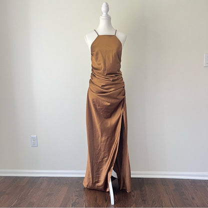 Showpo Malornan High Neck Ruched Satin Maxi Dress in Coffee Size 10
