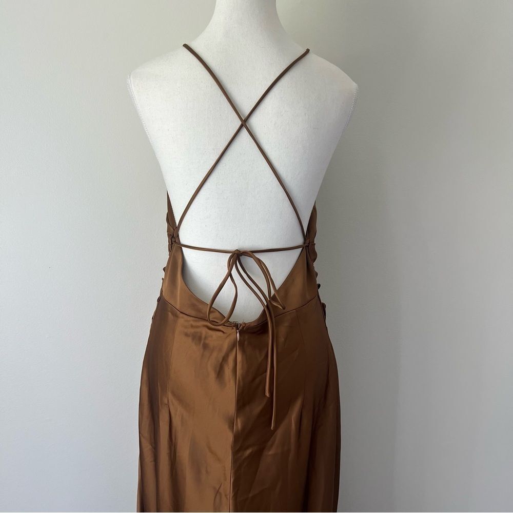 Showpo Malornan High Neck Ruched Satin Maxi Dress in Coffee Size 10