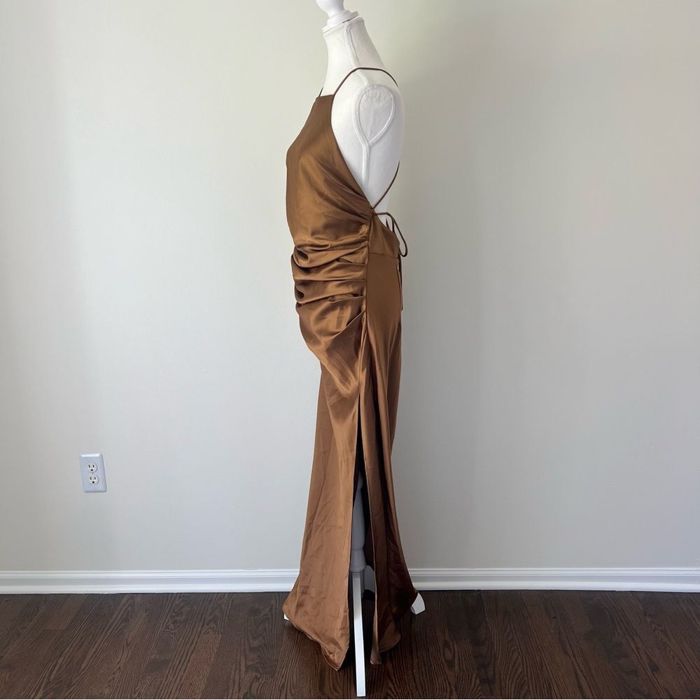 Showpo Malornan High Neck Ruched Satin Maxi Dress in Coffee Size 10