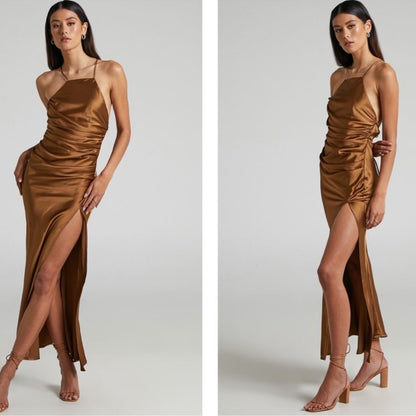 Showpo Malornan High Neck Ruched Satin Maxi Dress in Coffee Size 10