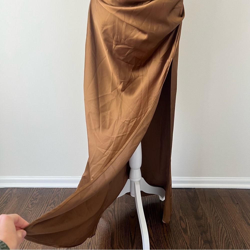 Showpo Malornan High Neck Ruched Satin Maxi Dress in Coffee Size 10