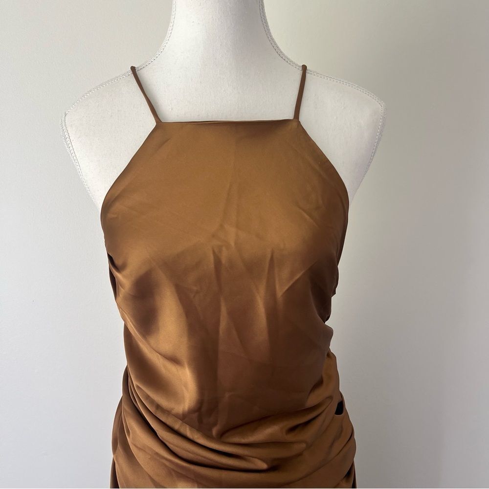 Showpo Malornan High Neck Ruched Satin Maxi Dress in Coffee Size 10