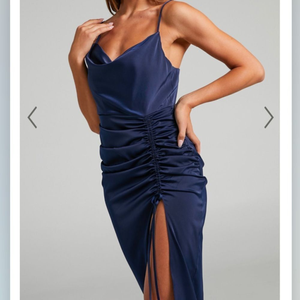 Showpo Lieselotte Midi Dress Ruched Front Split Cowl Neck Satin NEW Navy Blue 14