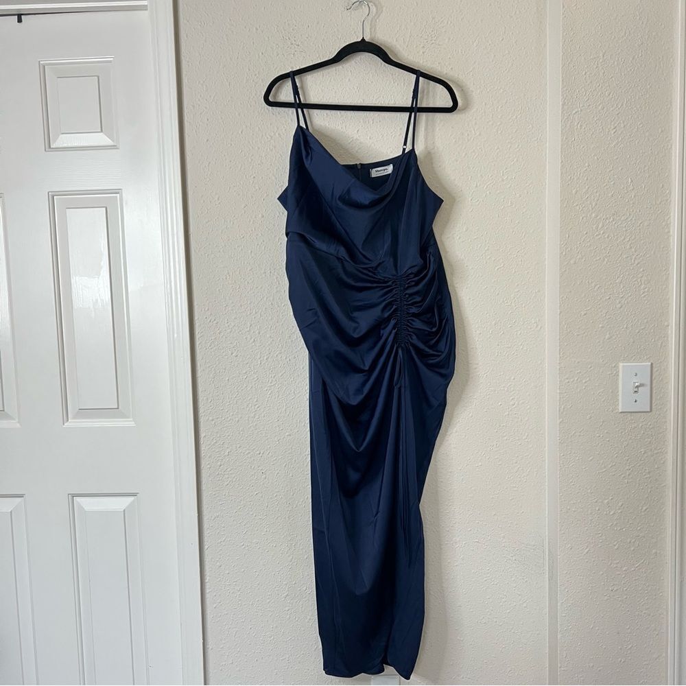 Showpo Lieselotte Midi Dress Ruched Front Split Cowl Neck Satin NEW Navy Blue 14