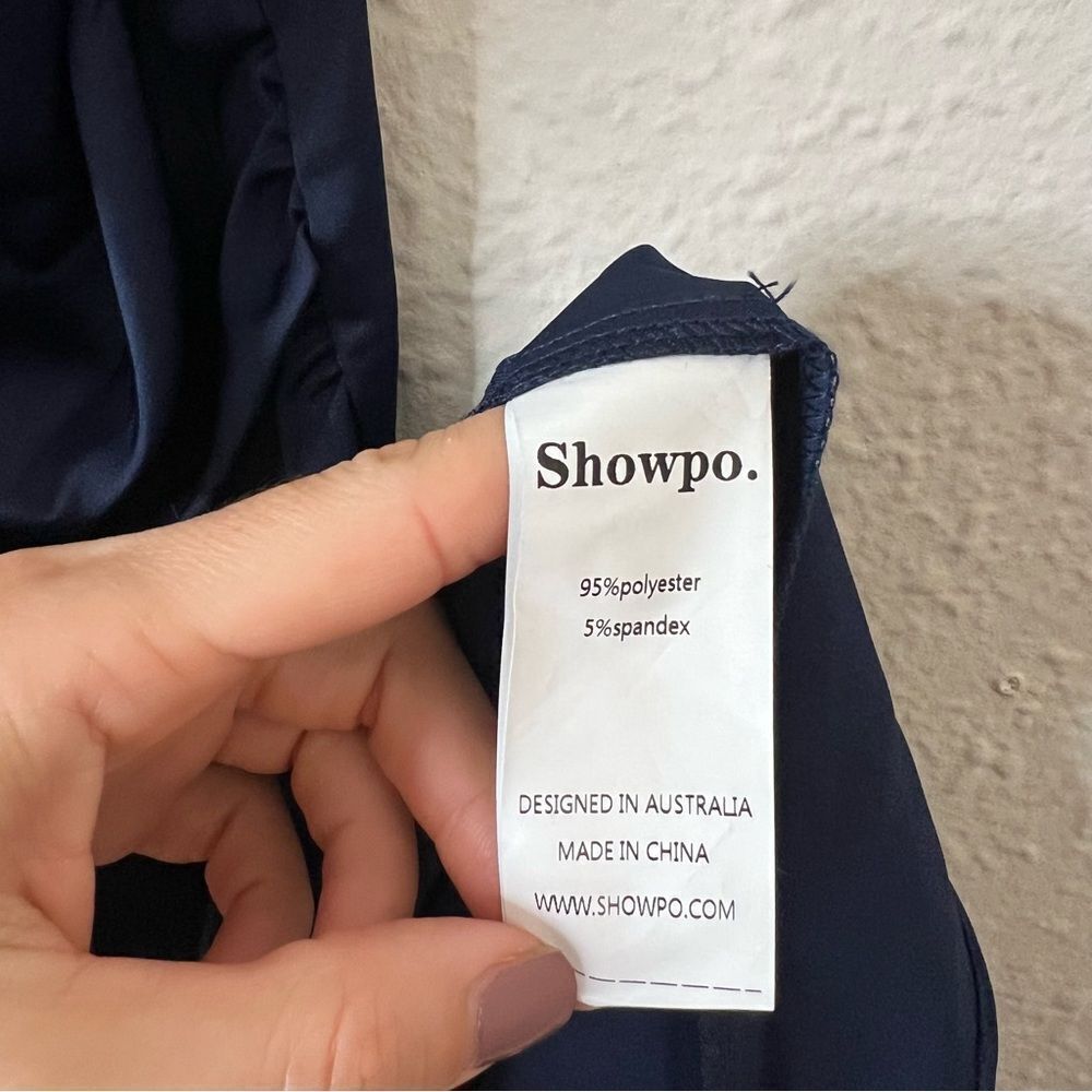 Showpo Lieselotte Midi Dress Ruched Front Split Cowl Neck Satin NEW Navy Blue 14