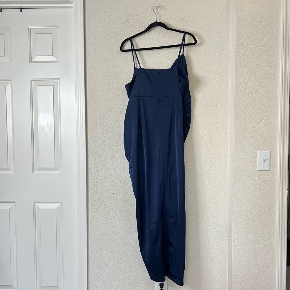 Showpo Lieselotte Midi Dress Ruched Front Split Cowl Neck Satin NEW Navy Blue 14