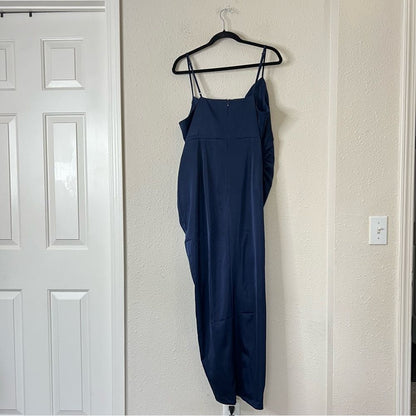 Showpo Lieselotte Midi Dress Ruched Front Split Cowl Neck Satin NEW Navy Blue 14