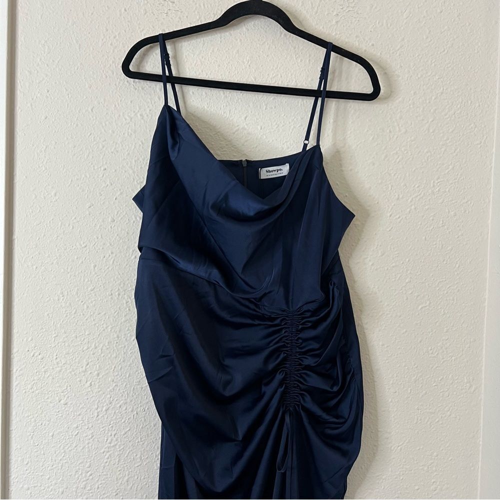 Showpo Lieselotte Midi Dress Ruched Front Split Cowl Neck Satin NEW Navy Blue 14