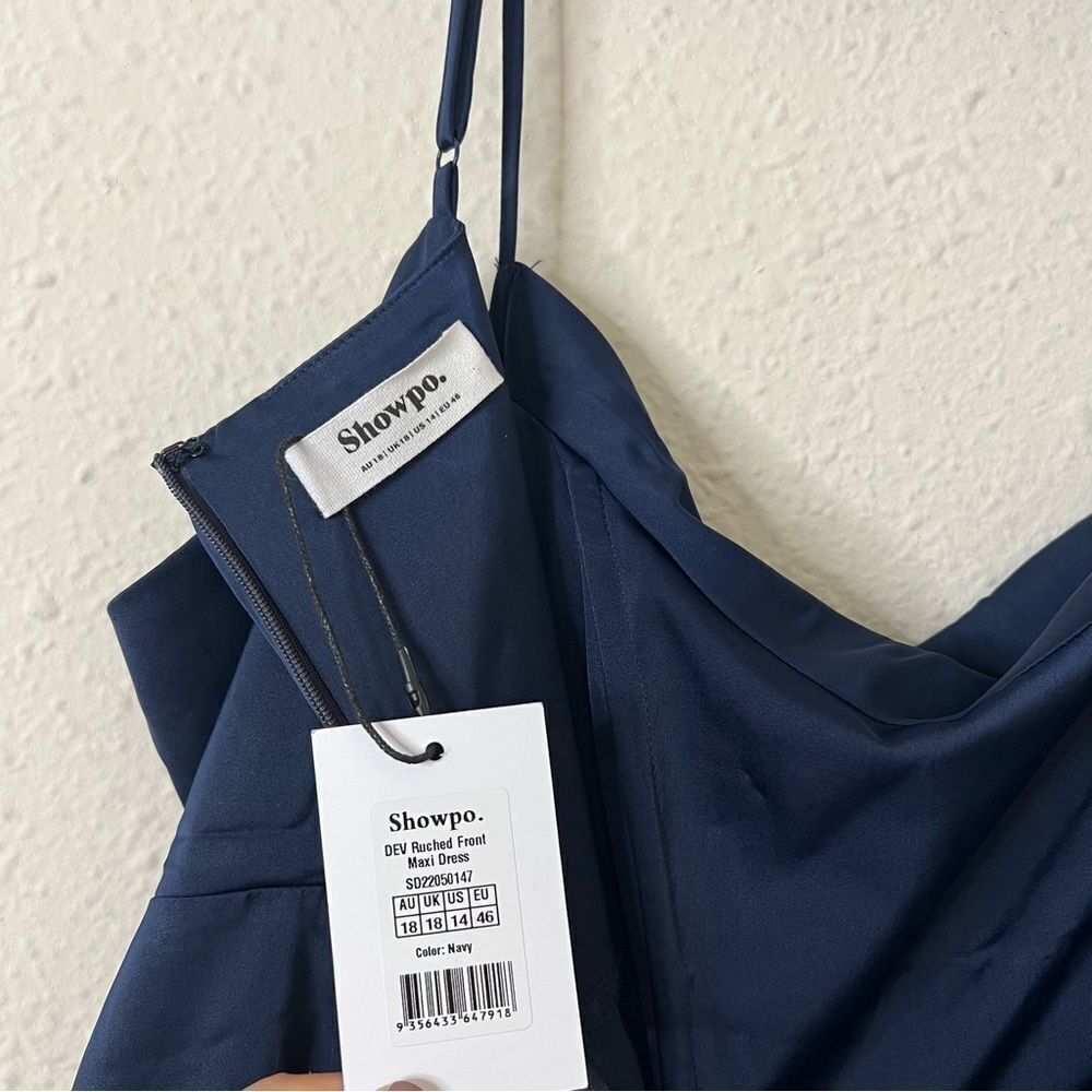 Showpo Lieselotte Midi Dress Ruched Front Split Cowl Neck Satin NEW Navy Blue 14