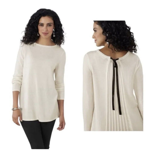 Soft Surroundings Pleated Back  Ecru Ivory Reserva Sweater Tunic Wool Medium