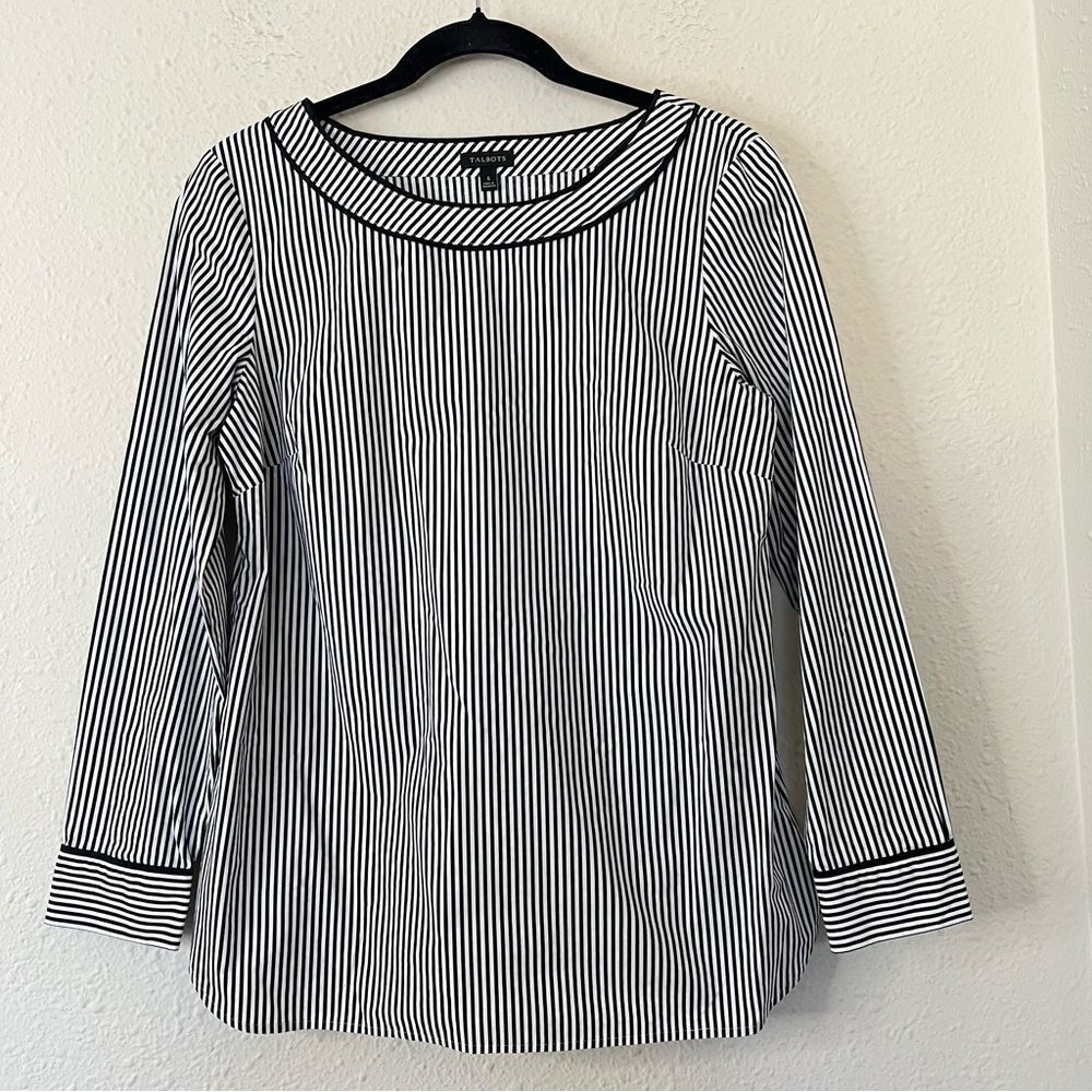 Talbots Black White Striped Long Sleeve Shirt Blouse Size Small