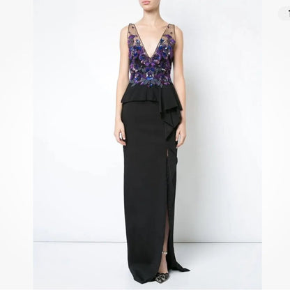 Marchesa Notte Floral Beaded Embroidered Column Gown Maxi Dress NEW Size 10