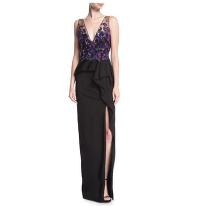 Marchesa Notte Floral Beaded Embroidered Column Gown Maxi Dress NEW Size 10