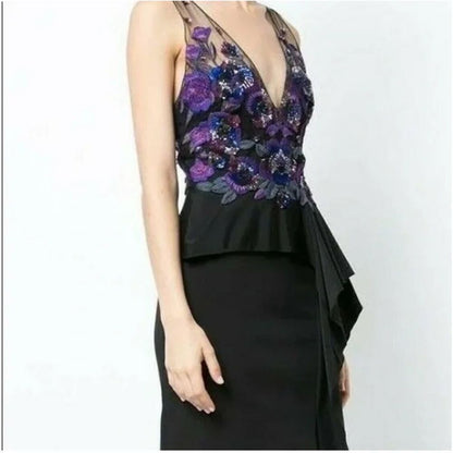 Marchesa Notte Floral Beaded Embroidered Column Gown Maxi Dress NEW Size 10