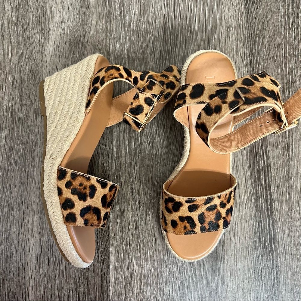 New J Crew Leopard Calfhair Wedge Espadrilles NWOT Size 7,5