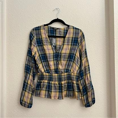Express Plaid Surplice Peplum Top Blouse NEW Size Medium