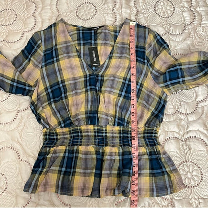 Express Plaid Surplice Peplum Top Blouse NEW Size Medium