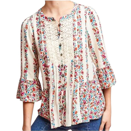 Anthropologie Maeve Hiver Boho Floral & Lace Bell Sleeve Peasant Blouse Size 6