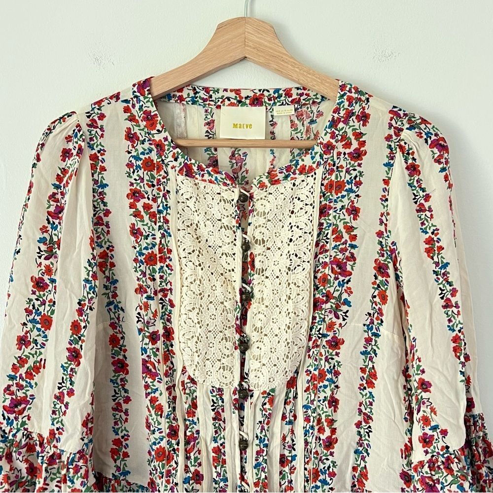 Anthropologie Maeve Hiver Boho Floral & Lace Bell Sleeve Peasant Blouse Size 6