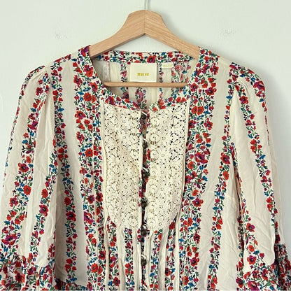 Anthropologie Maeve Hiver Boho Floral & Lace Bell Sleeve Peasant Blouse Size 6